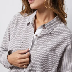 MONROW Stripe Poplin Relaxed Shirt PECANSTRIPE Clearance
